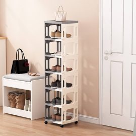 Stackable and Foldable 7-Layer Plastic Shoe Rack, Closet and Floor Storage Organizer, Narrow Shoe Display Rack for Store